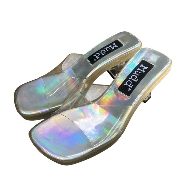 Mudd Vintage Y2K Clear Holographic Square Toe Chunky Kitten Heels Size 8 - Picture 3 of 9